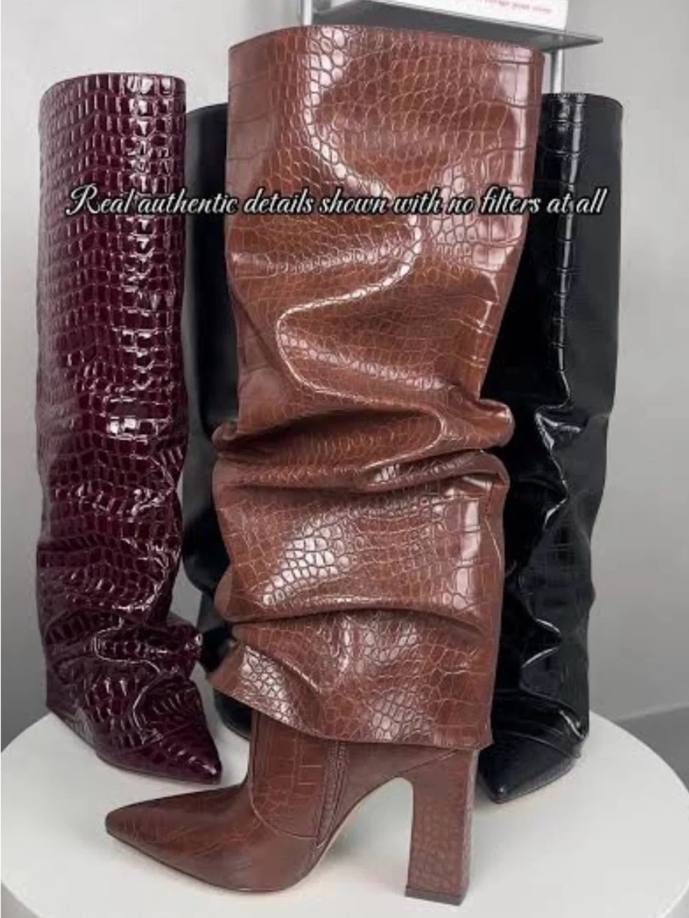 Croc-Embossed Slouch Over-the-Knee Boot in Brown